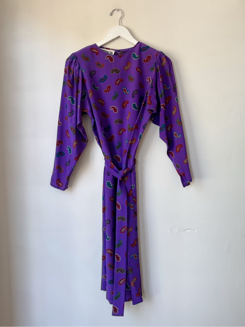 Purple 100% Silk Paisley Long-Sleeve Tie Dress